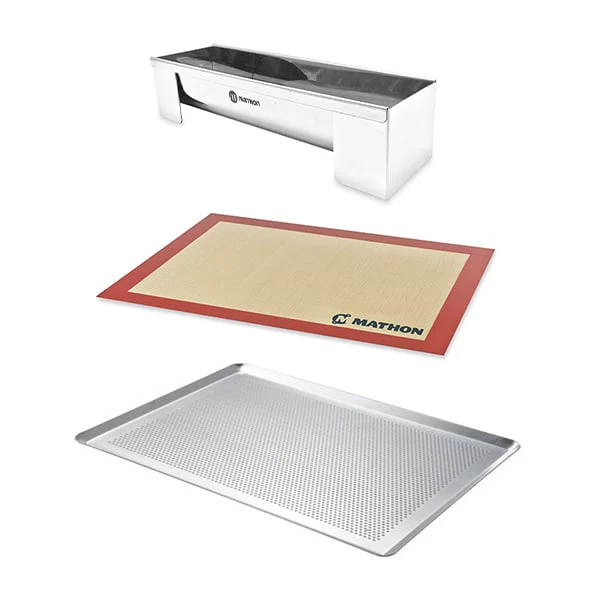 Lot gouttiÚre à bûche démontable en inox avec plaque à pùtisserie et tapis de cuisson Mathon