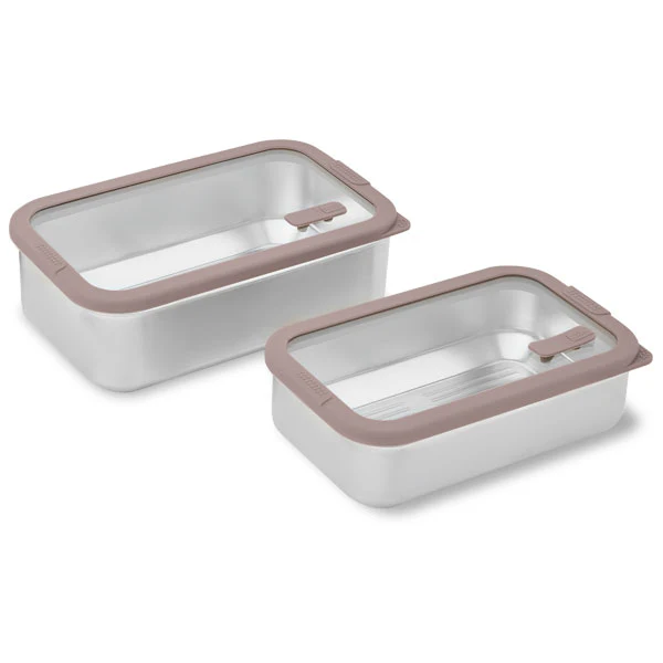 Lot 2 boîtes de conservation rectangulaires en inox avec couvercles en verre 700 ml et 1L compatibles micro-ondes Mathon