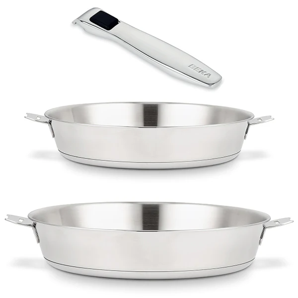 Lot 2 poĂȘles tout inox Evolution 24 et 28 cm et manche amovible Beka