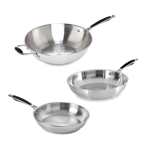 Lot 2 poêles tout inox 24 et 28 cm et wok tout inox 30 cm Excell'Inox Mathon