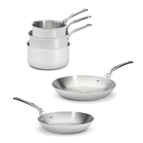Lot 3 casseroles 16, 18 et 20 cm et 2 poĂȘles 24 et 28 cm tout inox Affinity De Buyer