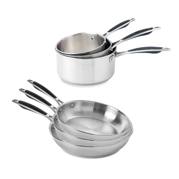 Lot 3 casseroles 16, 18 et 20 cm et 3 poĂȘles 20, 24 et 28 cm tout inox ExcellâInox Mathon