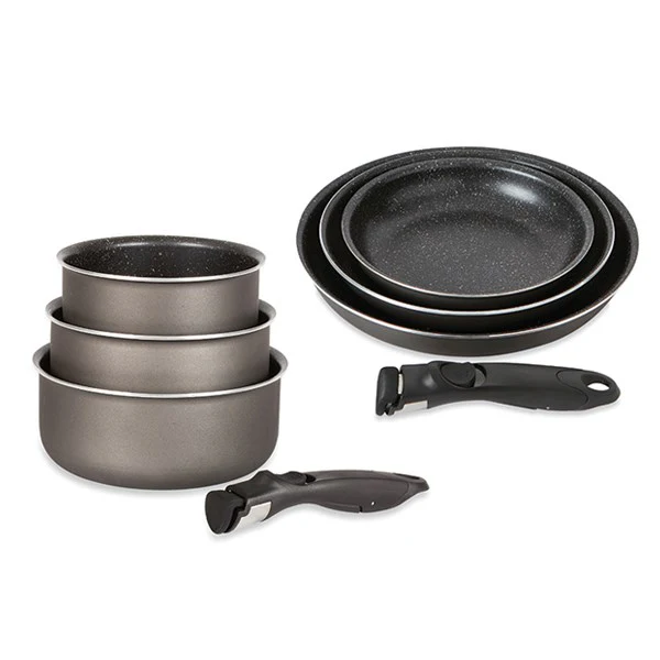Lot 3 casseroles et 3 poêles  anti-adhésives Effet Pierre et 2 manches amovibles Mathon
