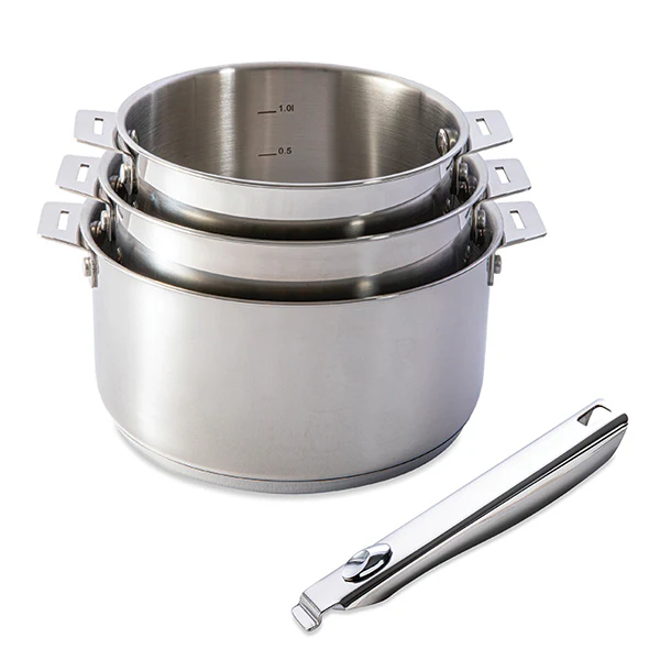 Lot 3 casseroles inox ClipsâInox 16, 18 et 20 cm et manche amovible Mathon