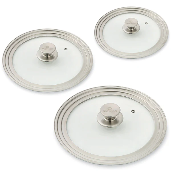 Lot 3 couvercles en verre et inox multidiamĂštre 16, 18, 20 cm + 24, 26, 28 cm + 28, 30 et 32 cm Mathon