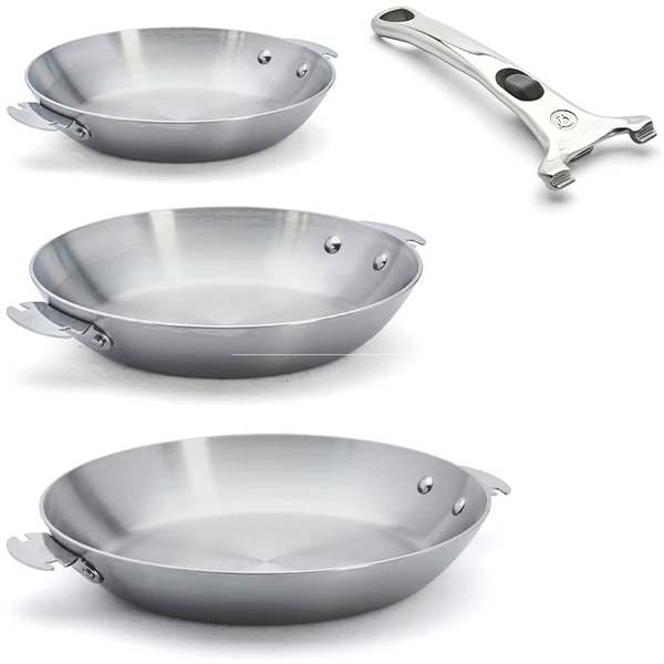 Lot 3 poĂȘles tout inox Alchimy Loqy 20, 24 et 28 cm et manche amovible De Buyer