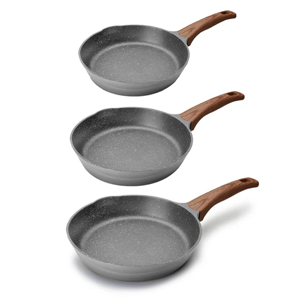 Lot 3 poêles Stilo avec poignée imitation bois 20, 24 et 28 cm  Lacor