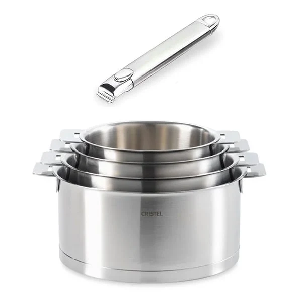 Lot 4 casseroles inox Strate 14, 16, 18 et 20 cm et manche amovible Cristel