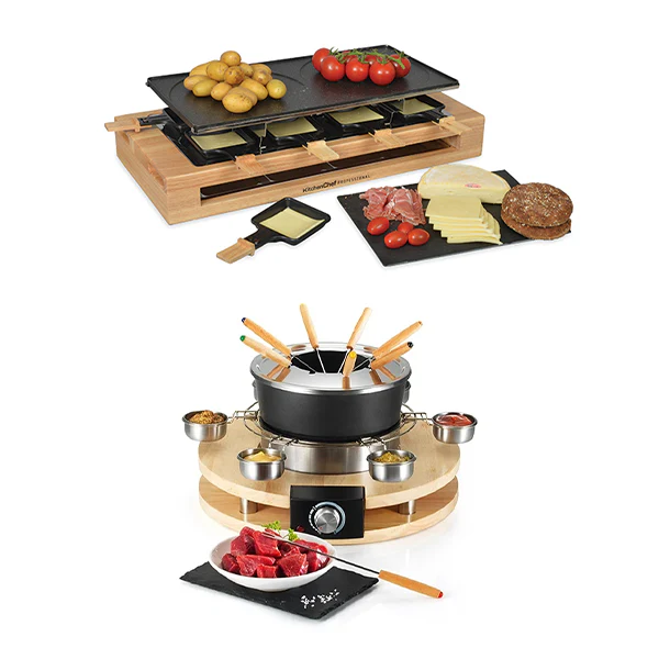 Lot appareil Ă raclette et appareil Ă fondue en bois Kitchen Chef Professional