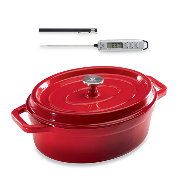 Lot cocotte en fonte ovale 33 cm et thermomĂštre digital de cuisine Ă sonde Mathon