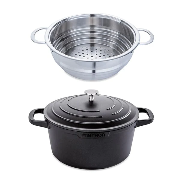 Lot cocotte légÚre ronde fonte aluminium 24 cm 4,5 L et panier vapeur multidiamÚtre Mathon