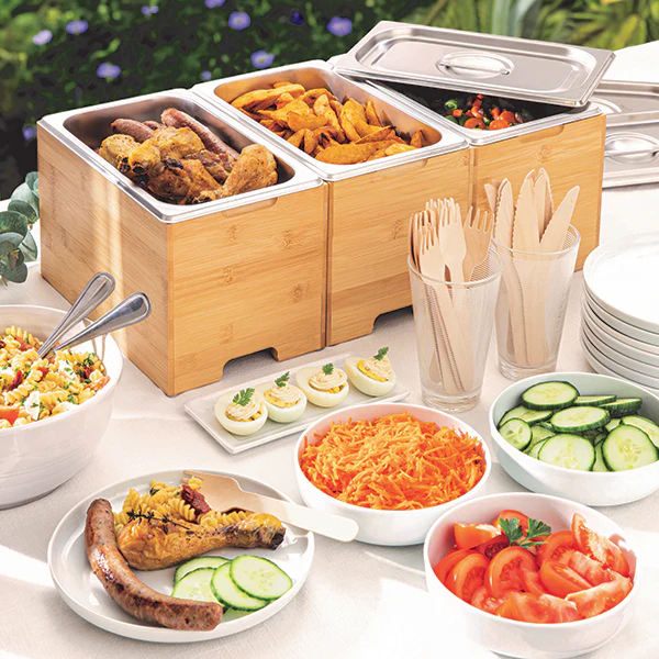 Lot de 2 bacs gastro avec couvercles en inox et supports bambou Mathon - Image 3
