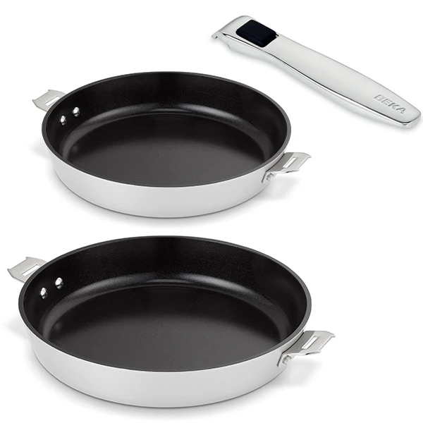 Lot 2 poĂȘles aluminium revĂȘtement cĂ©ramique Evolution 24 et 28 cm et manche amovible Beka
