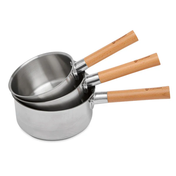 Lot de 3 casseroles tout inox manche bois NaturalâInox 16, 18 et 20 cm Mathon