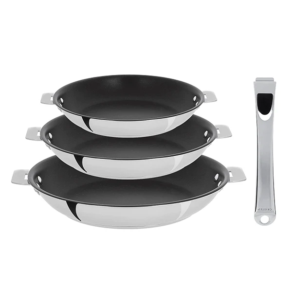 Lot 3 poĂȘles inox antiadhĂ©rentes Casteline 20, 24 et 28 cm et manche amovible Cristel