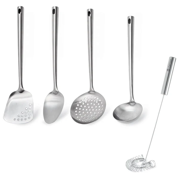 Lot de 4 ustensiles avec louche, cuillĂšre, spatule, Ă©cumoire et dâun fouet magique Ă spirale 30 cm en inox Mathon