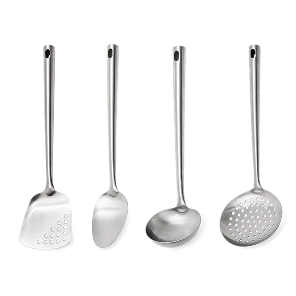 Lot de 4 ustensiles avec louche, cuillĂšre, spatule, Ă©cumoire et dâun fouet magique Ă spirale 30 cm en inox Mathon - Image 3