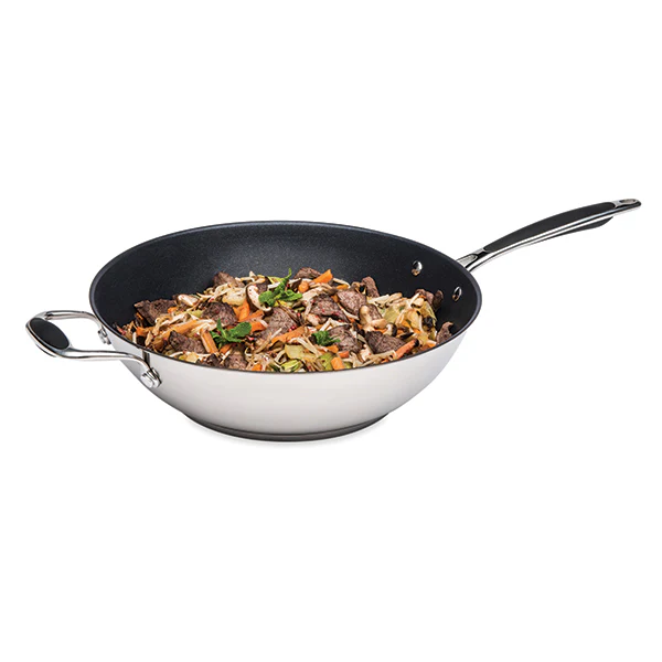 Lot wok inox antiadhérent et couvercle verre 30 cm Excell'Inox Mathon - Image 2