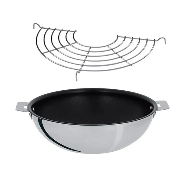 Lot wok inox antiadhérent sans manche et grille Casteline 28 cm Cristel