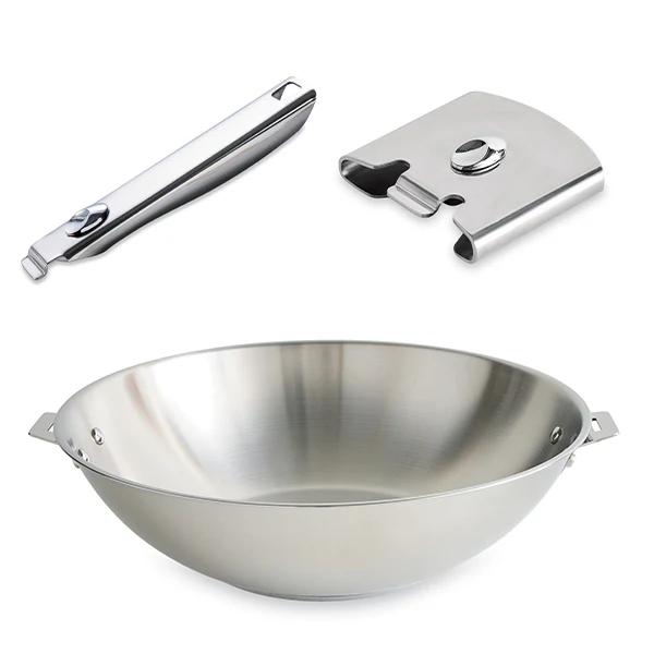 Lot wok tout inox ClipsâInox 30 cm avec manche et anse amovibles Mathon