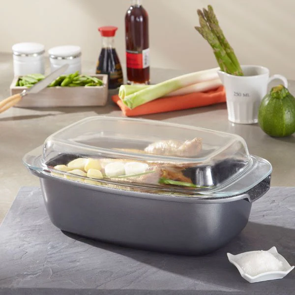 Cocotte rectangulaire revĂȘtement Dur comme la pierre et couvercle en verre 32 cm Mathon - Image 2