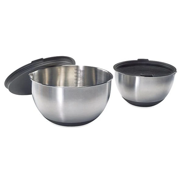 Set de 2 bols pâtissiers inox avec couvercle et base en silicone 20 et 24 cm Mathon - Image 2