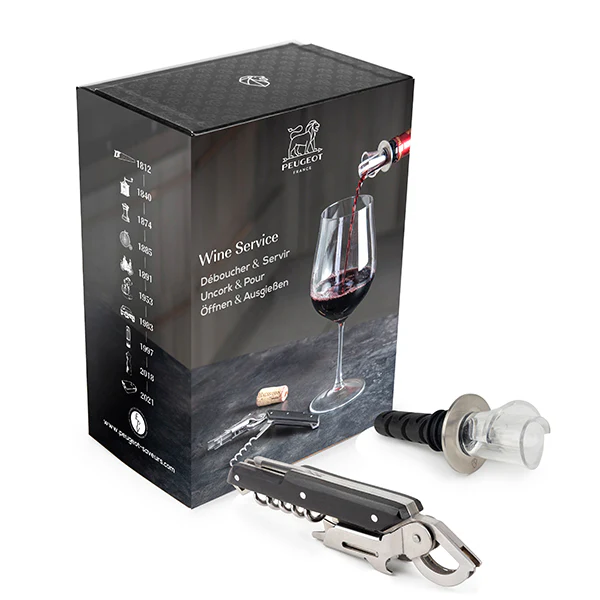 Coffret Wine Service - tire-bouchon Clavelin noir + bec verseur Arum Peugeot