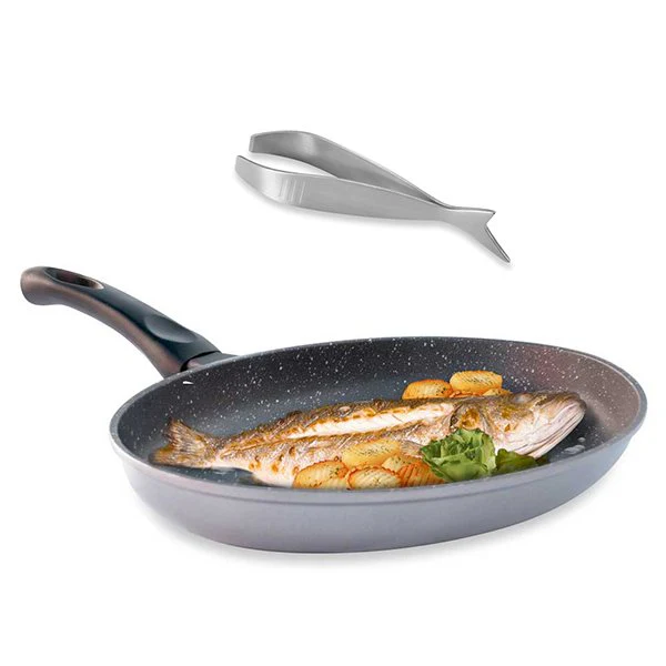 Lot poĂȘle Ă poisson ovale revĂȘtement Dur comme la pierre 34 cm et pince Ă arĂȘtes Mathon
