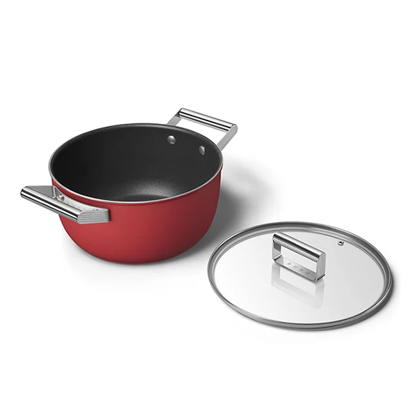 Faitout bas aluminium antiadhésif 24 cm rouge mat avec couvercle verre trempé Smeg - Image 3